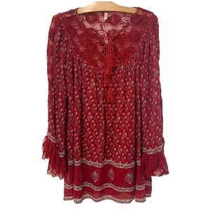 Free People | Dress Baby Doll Mini Red Lace Foral Lined- Size Small